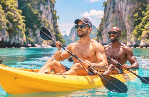 Two men kayaking at James Bond Island