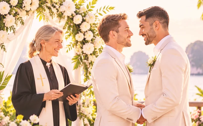 Two grooms at a wedding ceremony in Phuket