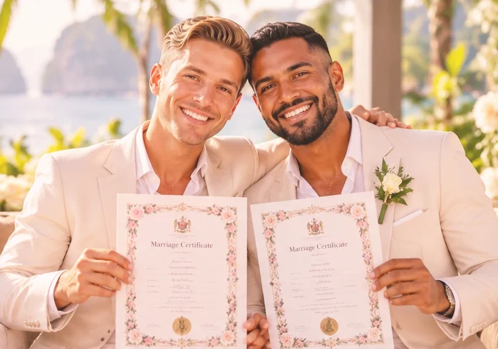 Newly married grooms with marriage certificates