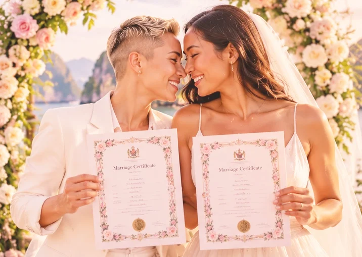 Two brides under a flower arch