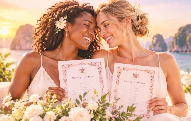 Two brides with their marriage certificates at sunset